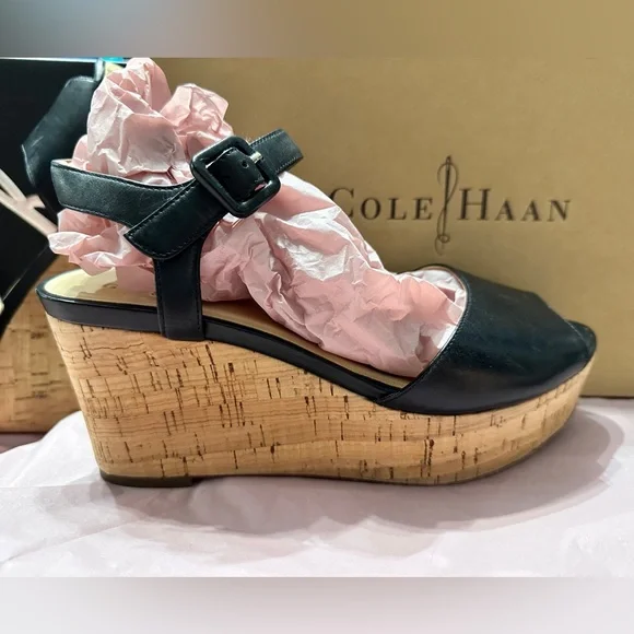 Cole Haan Black Gillian Mid Wedge Sandals with Ankle Buckle - in original box - Picture 2 of 9
